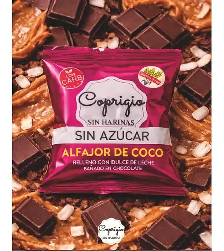 Alfajor de Coco Relleno con Dulce de Leche Banado con Chocolate Low Carb x 45 gr x 12 u (Coprigio)
