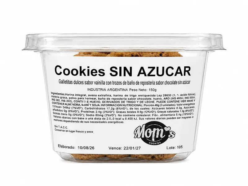 Cookies Sin Azucar Sabor Vainilla con Chips x 150 Gr  (Moms)