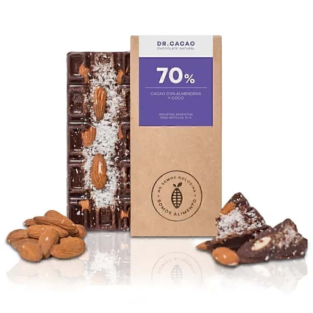 Chocolate 70% con Almendras y Coco x 50 Grs x 10 Unidades (Dr Cacao)