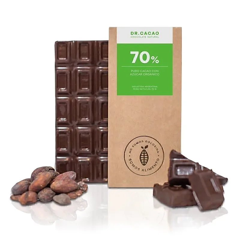 Chocolate 70% Puro Cacao con Azucar Organica x 50 Grs x 10 Unidades (Dr Cacao)