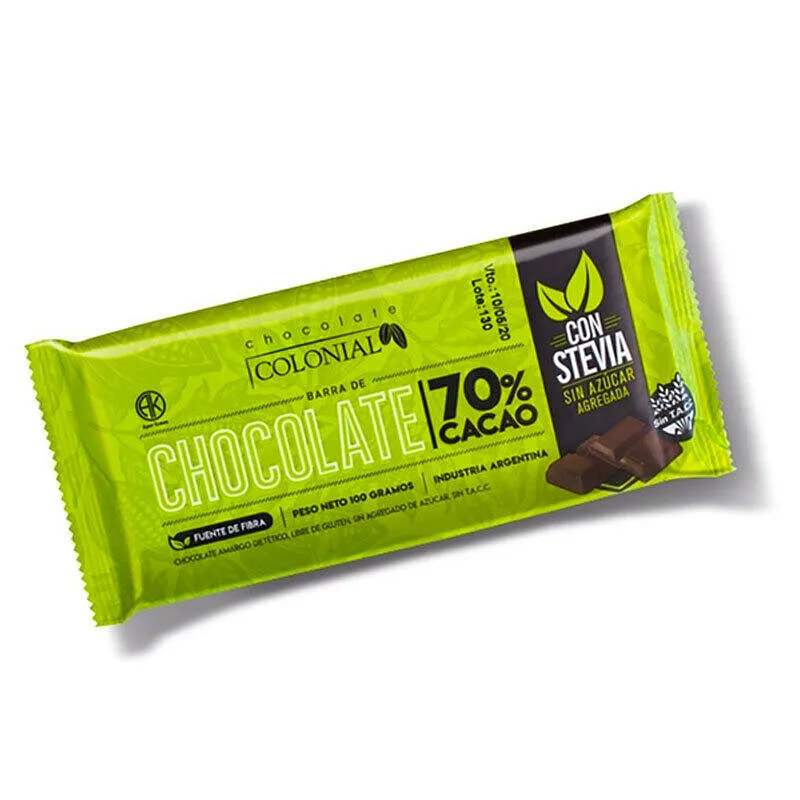 Chocolate 70% Cacao con Stevia x 100 gr x 10 unidades (Colonial)