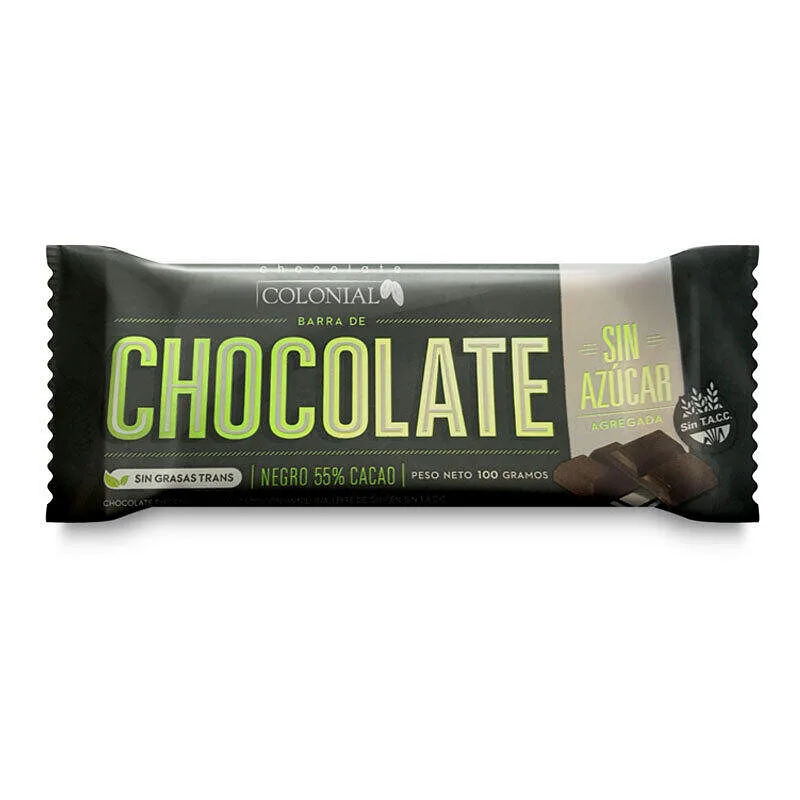 Chocolate 55% Cacao sin Azucar Agregado x 100 gr  - 10 unidades (Colonial)