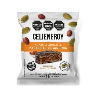 Alfajor de Zapallo y Algarroba Relleno de Dulce de Leche con Bano Repostero x 50 gr x 12 u (Celienergy)